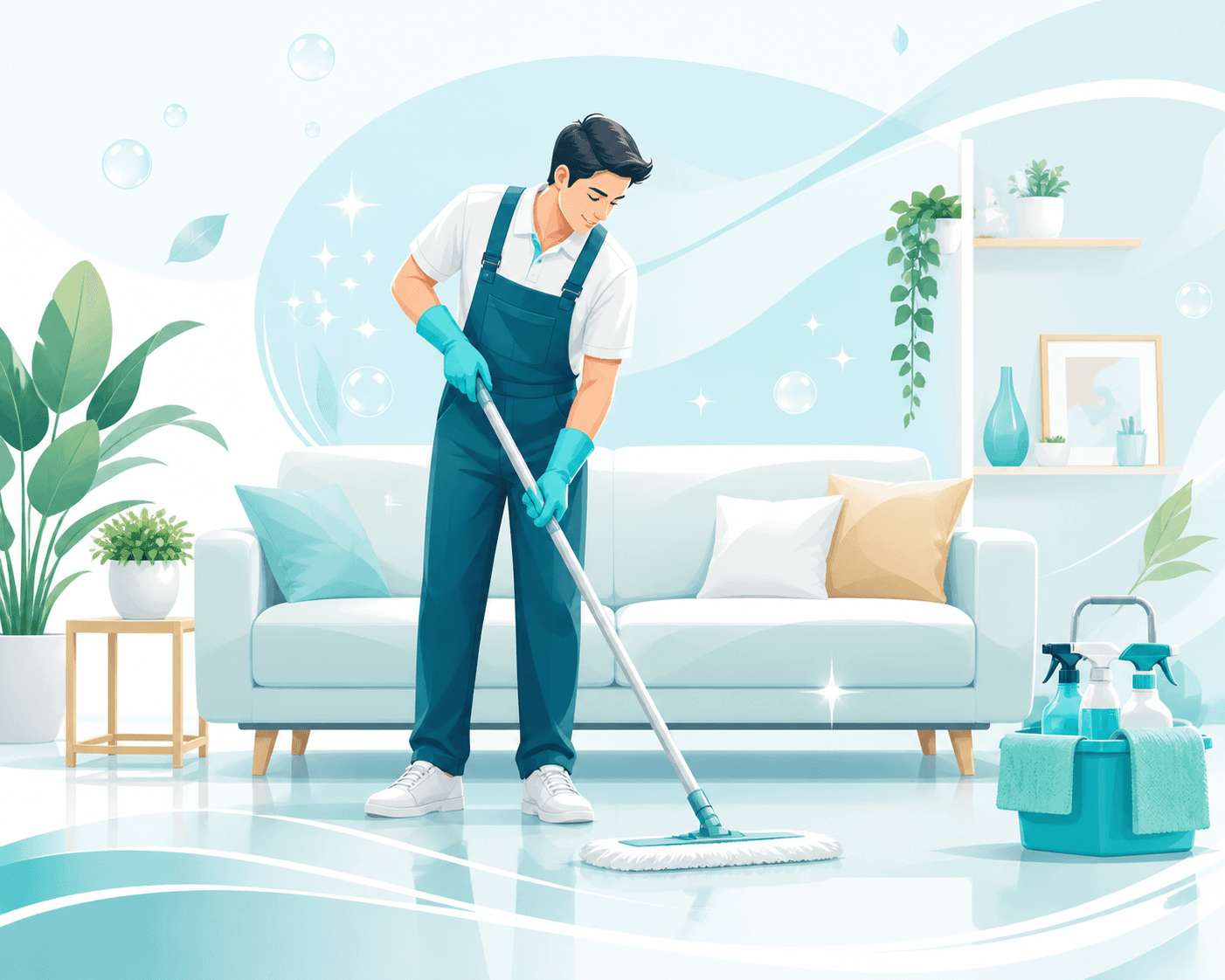 Nhân viên TK Clean vệ sinh một phòng khách sáng sạch